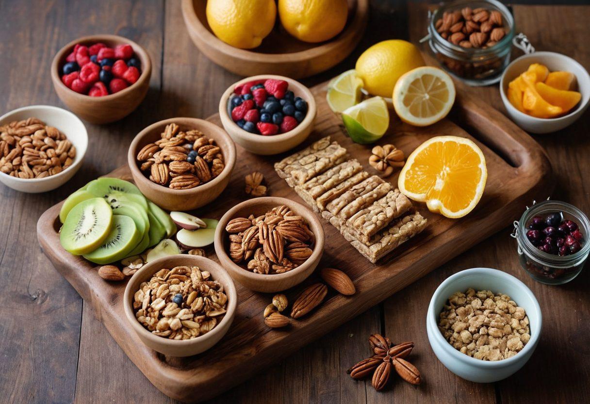 A beautifully arranged spread of various nut-based snacks, including vibrant homemade granola bars, colorful nut butter jars, and roasted spiced nuts in rustic bowls. Include an assortment of fresh fruits and herbs for garnish, with soft natural lighting that highlights the textures. The background should be a cozy kitchen setting, inviting and warm. pastel colors. super-realistic.