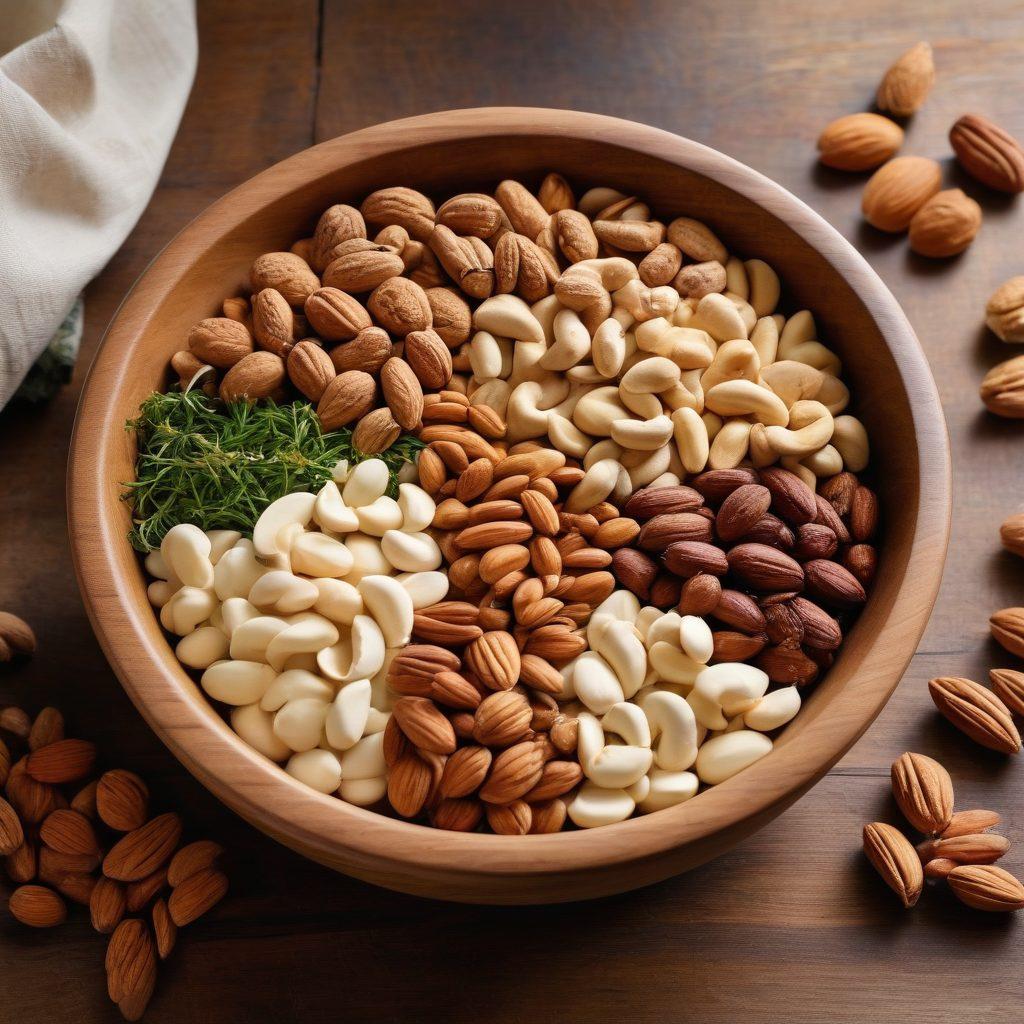A beautifully arranged assortment of artisan nuts in various textures and colors, with a wooden serving bowl as the centerpiece. Surround the nuts with scattered herbs, spices, and small elegant labels describing each type. Create a warm, inviting atmosphere with soft natural lighting filtering through a rustic kitchen window. Include a healthy snack recipe card visible in the background. super-realistic. vibrant colors. warm lighting.
