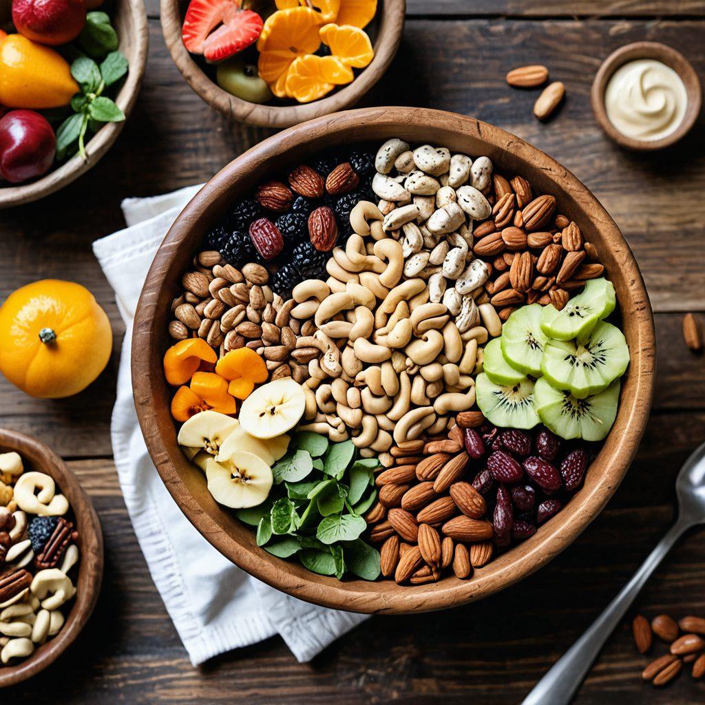 A vibrant, colorful arrangement of various artisan nuts, trail mix, and creamy nut butters spread across a rustic wooden table. Incorporate a text overlay that reads 'Elevate Your Snack Game'. Include natural elements like fresh fruits, herbs, and a beautiful hand-painted ceramic bowl. Make it bright and inviting, showcasing the textures and colors of the nuts. super-realistic. vibrant colors. white background.